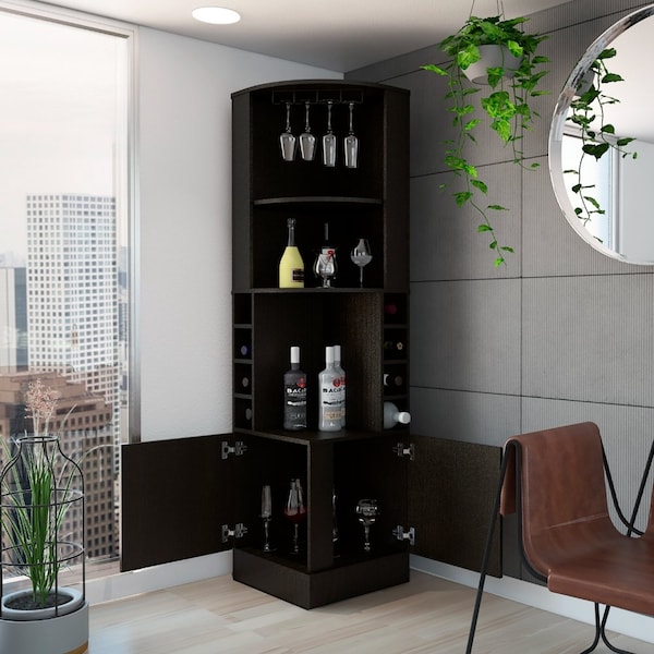 Tuhome Syrah Corner Bar Cabinet, Eight Bottle Cubbies, Double Door, Two Open Shelves-Black - BLW5546