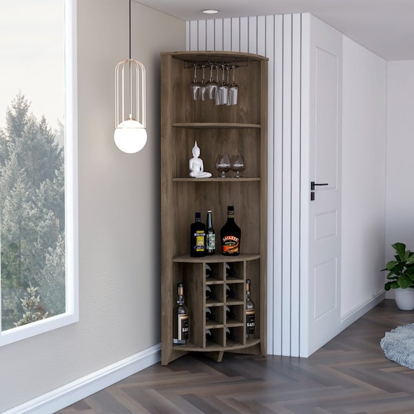 Tuhome Essential Corner Bar Cabinet, Three Shelves, Eight Built-in Wine Rack, Two Side Shelves, Dark Brown - BLB7786