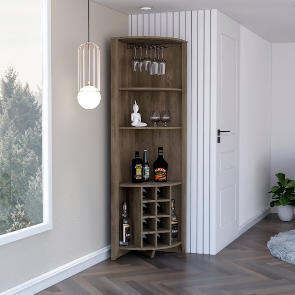 Tuhome Essential Corner Bar Cabinet, Three Shelves, Eight Built-in Wine Rack, Two Side Shelves, Dark Brown - BLB7786