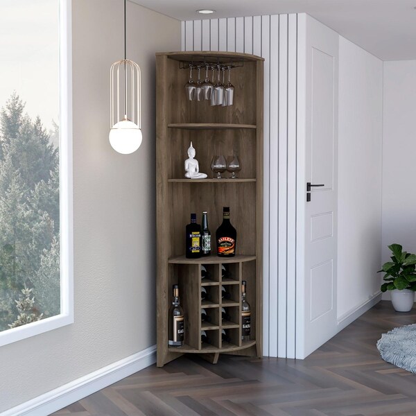Tuhome Essential Corner Bar Cabinet, Three Shelves, Eight Built-in Wine Rack, Two Side Shelves, Dark Brown - BLB7786