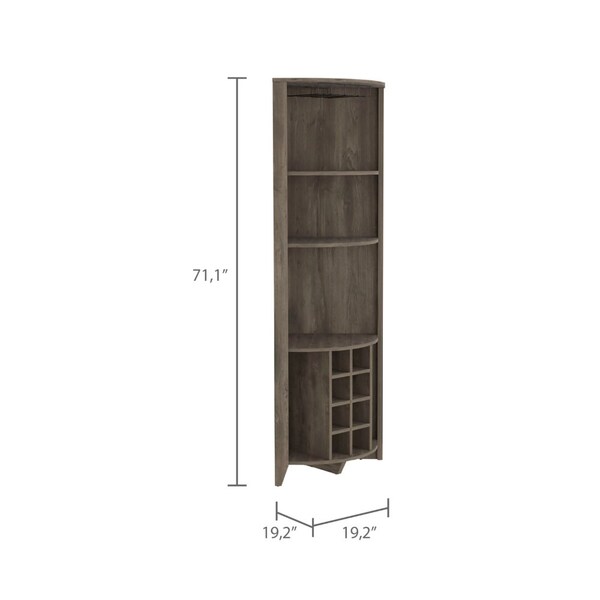 Tuhome Essential Corner Bar Cabinet, Three Shelves, Eight Built-in Wine Rack, Two Side Shelves, Dark Brown - BLB7786