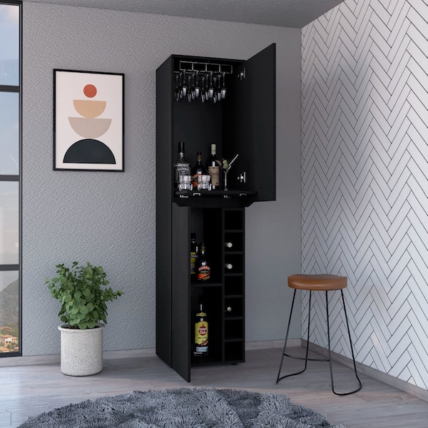 Tuhome Obregon Tall Cabinet, Seven Cubbies, Two-Door Cabinets, Black - BLW7765