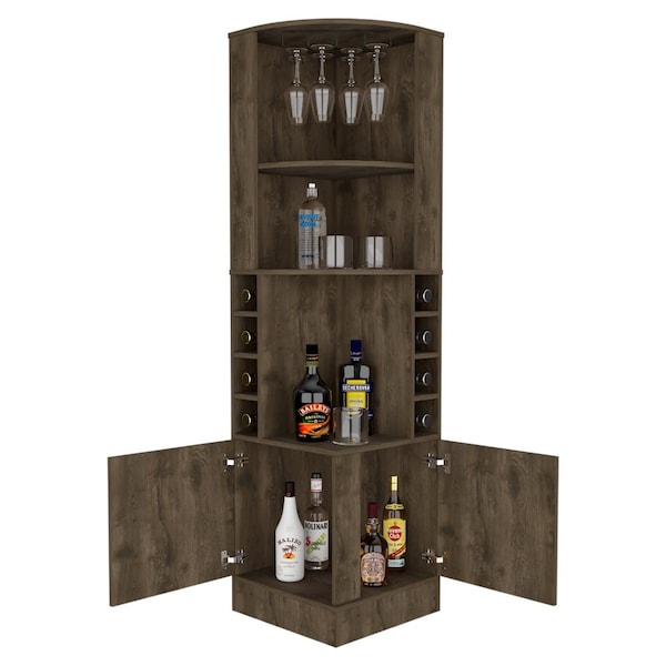 Tuhome Syrah Corner Bar Cabinet, Eight Bottle Cubbies, Double Door, Two Open Shelves, Dark Brown - BLB7788