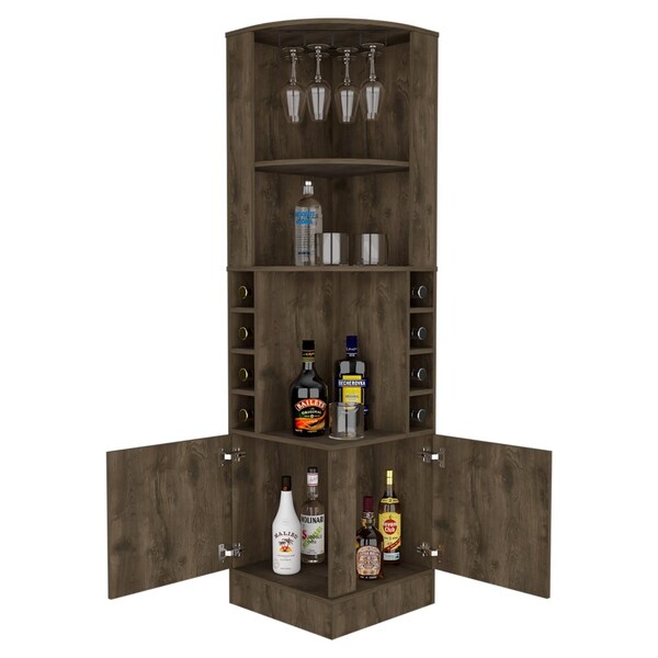 Tuhome Syrah Corner Bar Cabinet, Eight Bottle Cubbies, Double Door, Two Open Shelves, Dark Brown - BLB7788