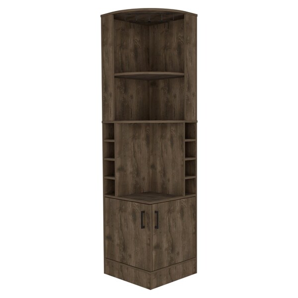 Tuhome Syrah Corner Bar Cabinet, Eight Bottle Cubbies, Double Door, Two Open Shelves, Dark Brown - BLB7788