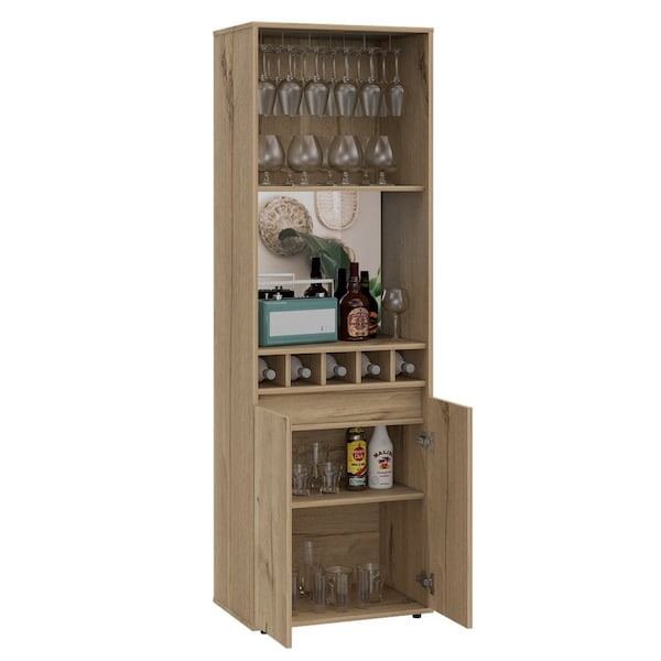 Tuhome Prana Bar Cabinet, Two Shelves, Five Built-in Wine Rack, Double Door, Light Oak - BLD5570