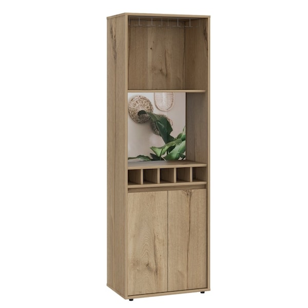 Tuhome Prana Bar Cabinet, Two Shelves, Five Built-in Wine Rack, Double Door, Light Oak - BLD5570