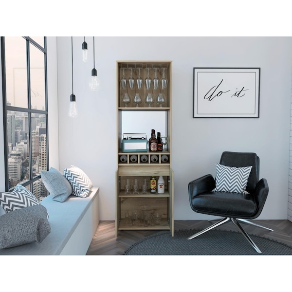 Tuhome Prana Bar Cabinet, Two Shelves, Five Built-in Wine Rack, Double Door, Light Oak - BLD5570