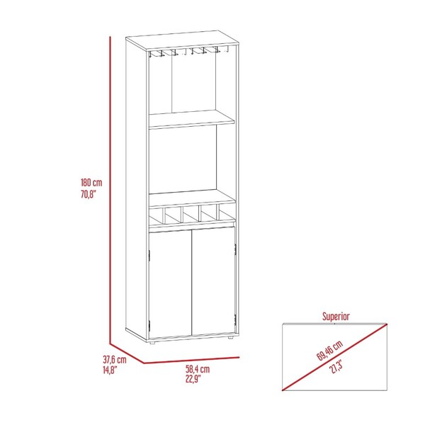 Tuhome Prana Bar Cabinet, Two Shelves, Five Built-in Wine Rack, Double Door, Light Oak - BLD5570