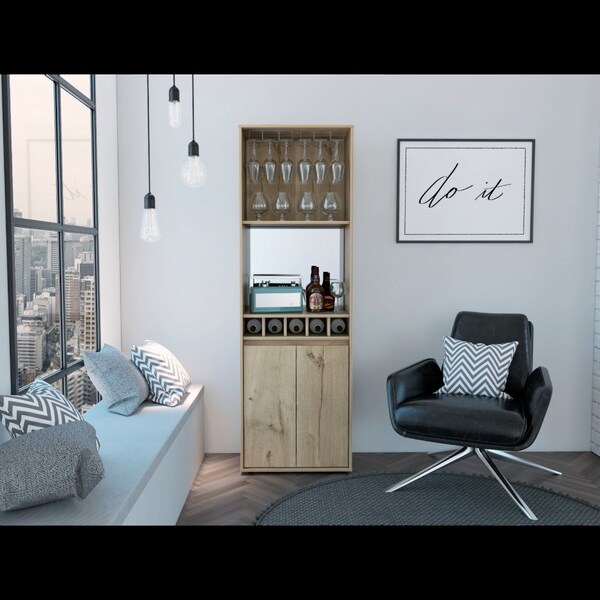 Tuhome Prana Bar Cabinet, Two Shelves, Five Built-in Wine Rack, Double Door, Light Oak - BLD5570