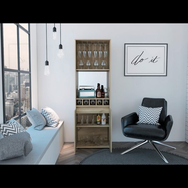 Tuhome Prana Bar Cabinet, Two Shelves, Five Built-in Wine Rack, Double Door, Light Oak - BLD5570