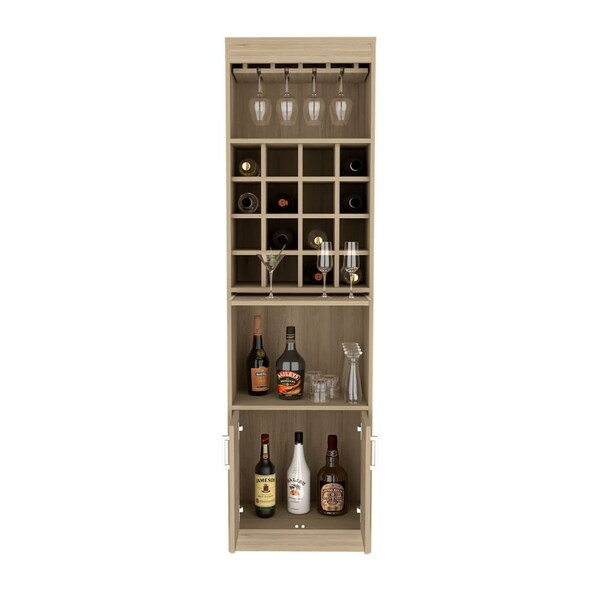 Tuhome Beijing Kava Bar Cabinet, Double Door, Two Shelves, Sixteen Built-in Wine Rack, Light Pine - MLR7885