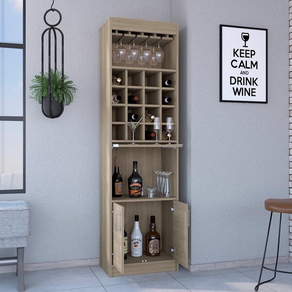 Tuhome Beijing Kava Bar Cabinet, Double Door, Two Shelves, Sixteen Built-in Wine Rack, Light Pine - MLR7885