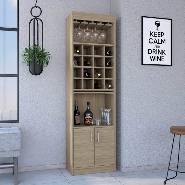 Tuhome Beijing Kava Bar Cabinet, Double Door, Two Shelves, Sixteen Built-in Wine Rack, Light Pine - MLR7885
