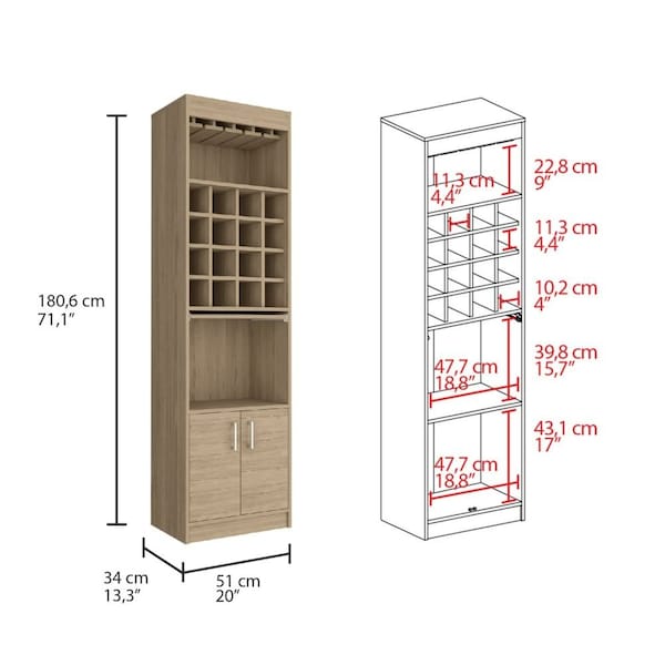 Tuhome Beijing Kava Bar Cabinet, Double Door, Two Shelves, Sixteen Built-in Wine Rack, Light Pine - MLR7885