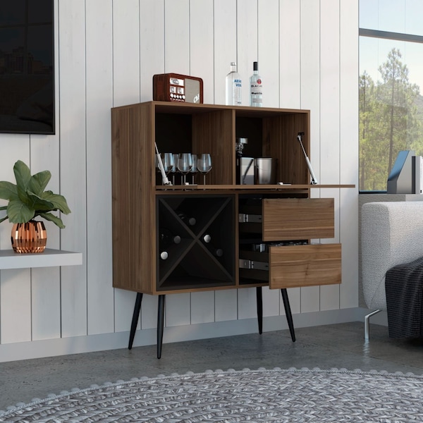 Tuhome Prunus Bar Cabinet, One Cabinet, Two Drawers, Mahogany/Black - BGW7119