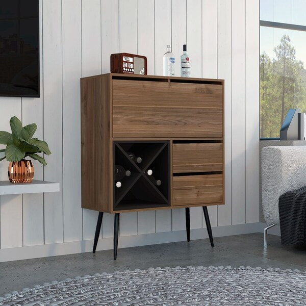 Tuhome Prunus Bar Cabinet, One Cabinet, Two Drawers, Mahogany/Black - BGW7119