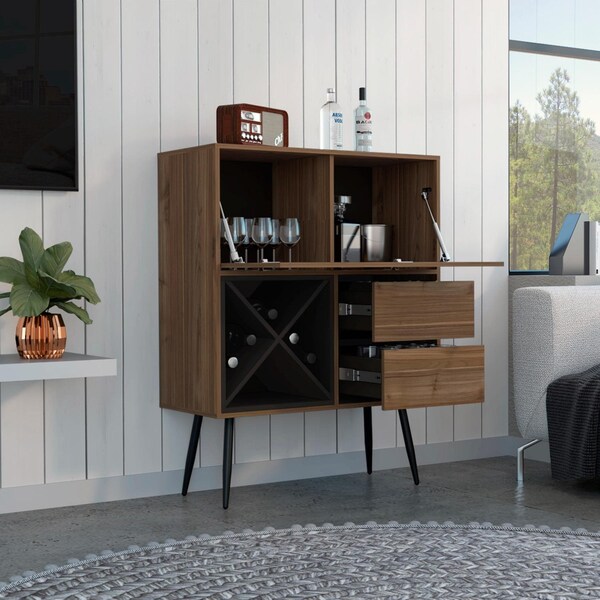 Tuhome Prunus Bar Cabinet, One Cabinet, Two Drawers, Mahogany/Black - BGW7119