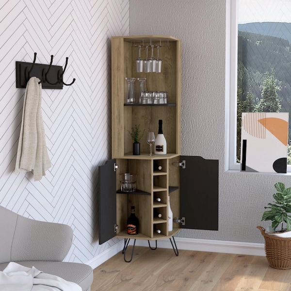 Tuhome Audra Corner Bar Cabinet Six Built-in Wine Rack, Two Shelves, Four Shelves With Door, Aged Oak/Black - BMW7763