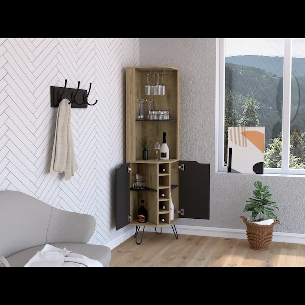 Tuhome Audra Corner Bar Cabinet Six Built-in Wine Rack, Two Shelves, Four Shelves With Door, Aged Oak/Black - BMW7763