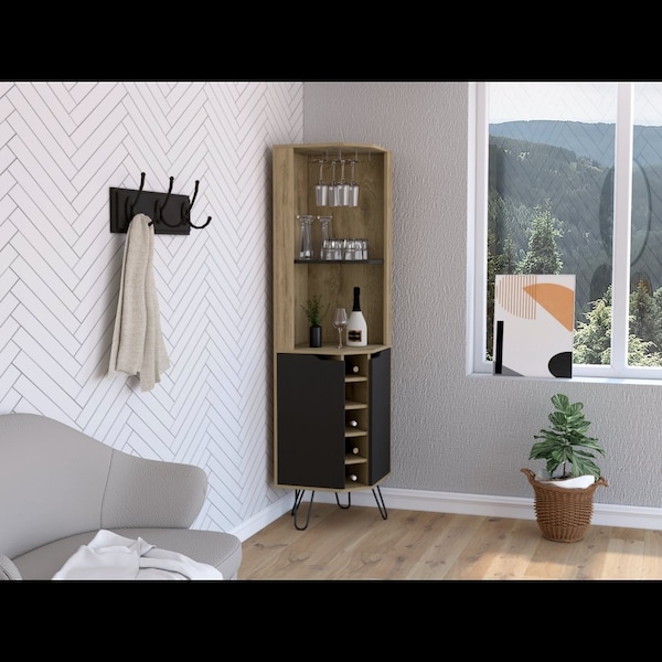 Tuhome Audra Corner Bar Cabinet Six Built-in Wine Rack, Two Shelves, Four Shelves With Door, Aged Oak/Black - BMW7763
