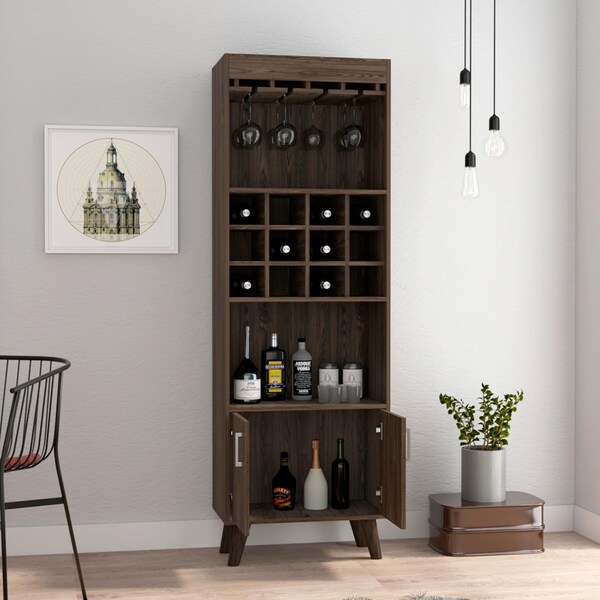 Tuhome Oslo Bar Cabinet, Twelve Built-in Wine Rack, Double Door Cabinet, Two Shelves, Dark Walnut - BLC6711