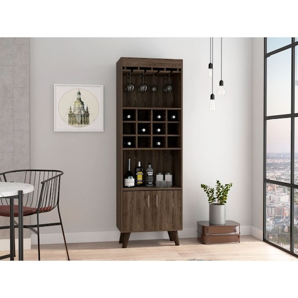 Tuhome Oslo Bar Cabinet, Twelve Built-in Wine Rack, Double Door Cabinet, Two Shelves, Dark Walnut - BLC6711