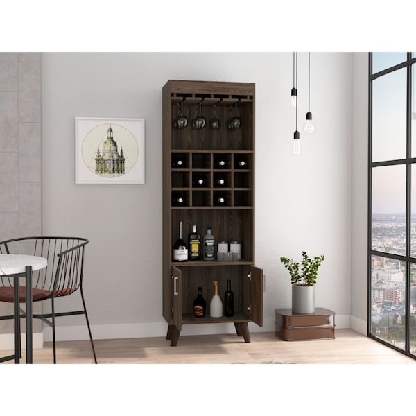 Tuhome Oslo Bar Cabinet, Twelve Built-in Wine Rack, Double Door Cabinet, Two Shelves, Dark Walnut - BLC6711