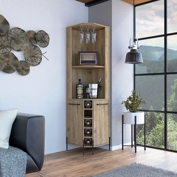 Tuhome Shangai Corner Bar Cabinet, Two Shelves, Five Built-in Wine Rack-Aged Oak - BLM7768