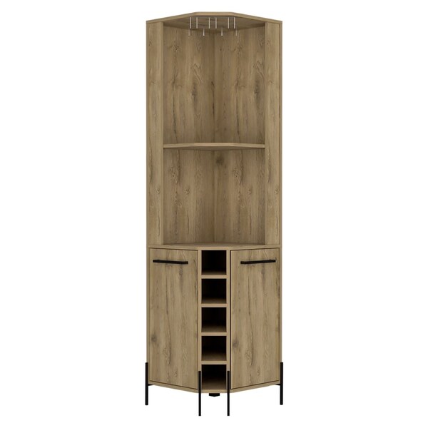 Tuhome Shangai Corner Bar Cabinet, Two Shelves, Five Built-in Wine Rack-Aged Oak - BLM7768