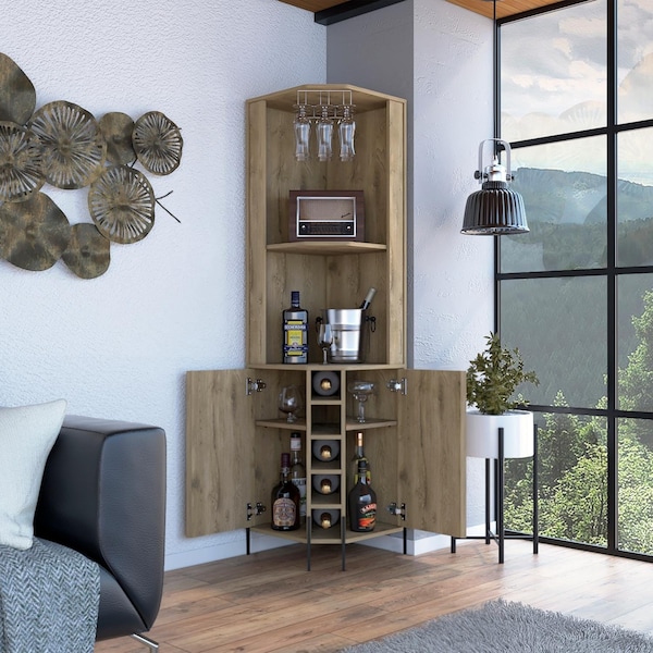 Tuhome Shangai Corner Bar Cabinet, Two Shelves, Five Built-in Wine Rack-Aged Oak - BLM7768