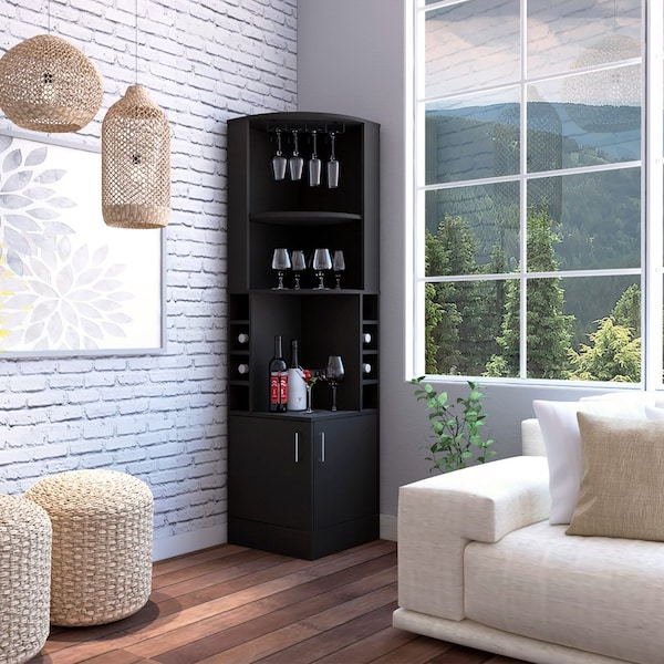 Tuhome Kava Beijing Corner Bar Cabinet, Glass Rack, Double Door Cabinet, Eight Built-in Wine Rack-Black - BLW7886