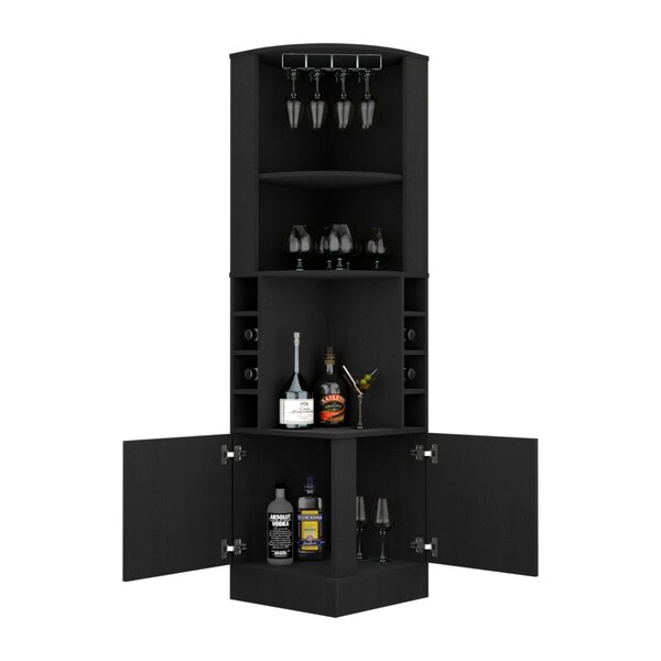 Tuhome Kava Beijing Corner Bar Cabinet, Glass Rack, Double Door Cabinet, Eight Built-in Wine Rack-Black - BLW7886