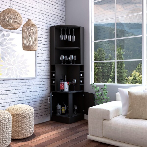 Tuhome Kava Beijing Corner Bar Cabinet, Glass Rack, Double Door Cabinet, Eight Built-in Wine Rack-Black - BLW7886