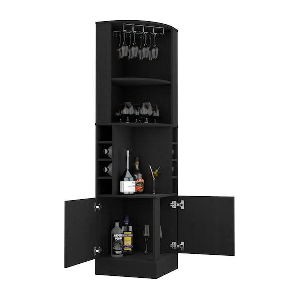 Tuhome Kava Beijing Corner Bar Cabinet, Glass Rack, Double Door Cabinet, Eight Built-in Wine Rack-Black - BLW7886