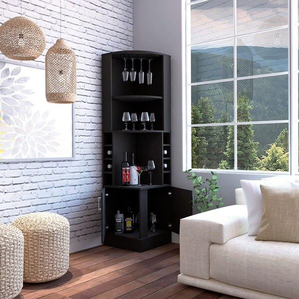 Tuhome Kava Beijing Corner Bar Cabinet, Glass Rack, Double Door Cabinet, Eight Built-in Wine Rack-Black - BLW7886