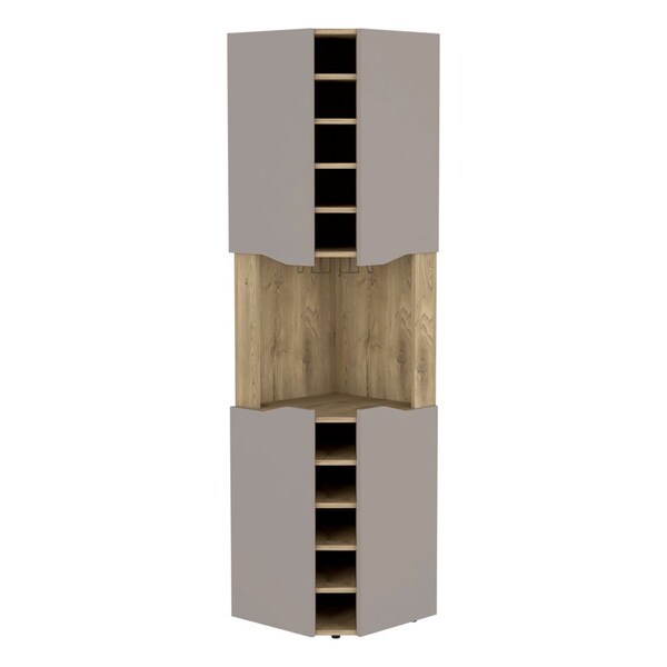 Tuhome Obregon Corner Bar Cabinet, Ten Built-in Wine Rack, Single Door, Aged Oak/Taupe - BMT7767