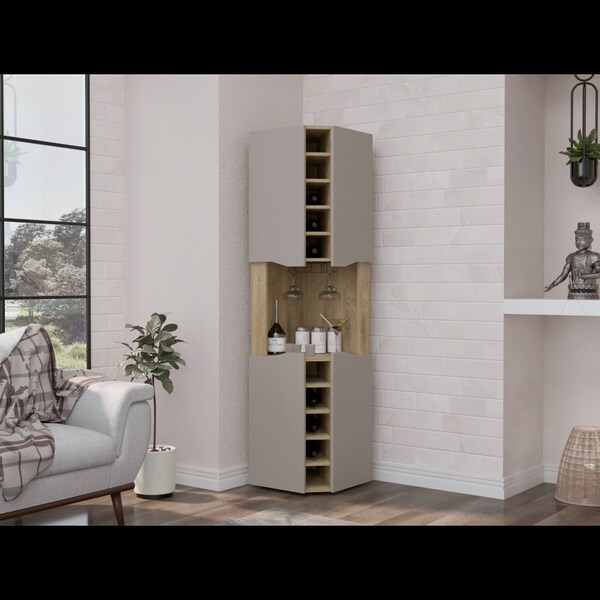 Tuhome Obregon Corner Bar Cabinet, Ten Built-in Wine Rack, Single Door, Aged Oak/Taupe - BMT7767