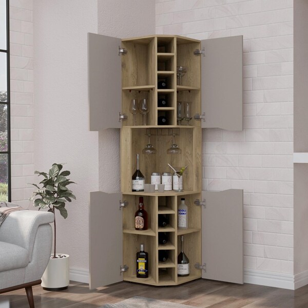 Tuhome Obregon Corner Bar Cabinet, Ten Built-in Wine Rack, Single Door, Aged Oak/Taupe - BMT7767