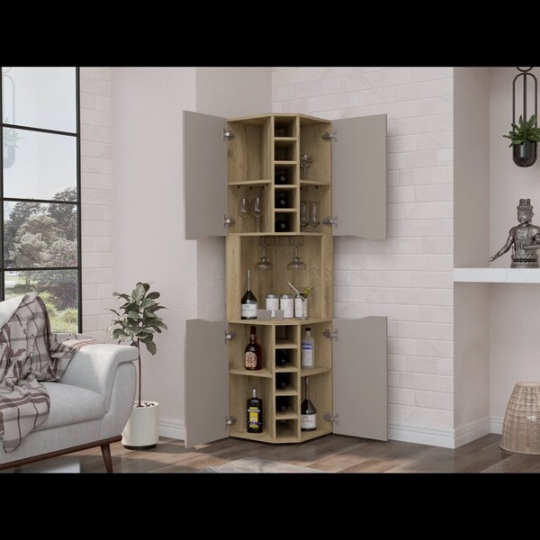 Tuhome Obregon Corner Bar Cabinet, Ten Built-in Wine Rack, Single Door, Aged Oak/Taupe - BMT7767