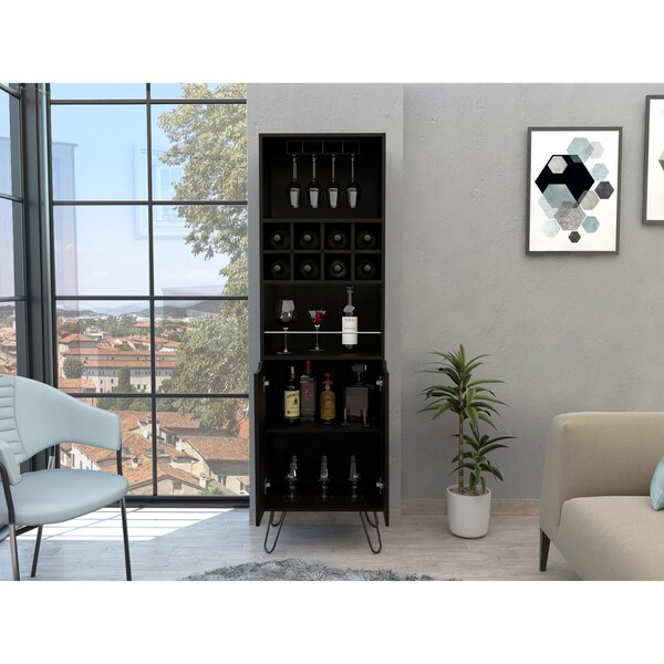 Tuhome Manhattan L Bar Cabinet, Eight Built-in Wine Rack, Two Cabinets With Single Door, Black - BLW6474