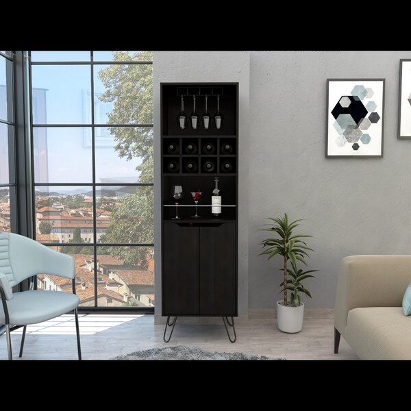 Tuhome Manhattan L Bar Cabinet, Eight Built-in Wine Rack, Two Cabinets With Single Door, Black - BLW6474