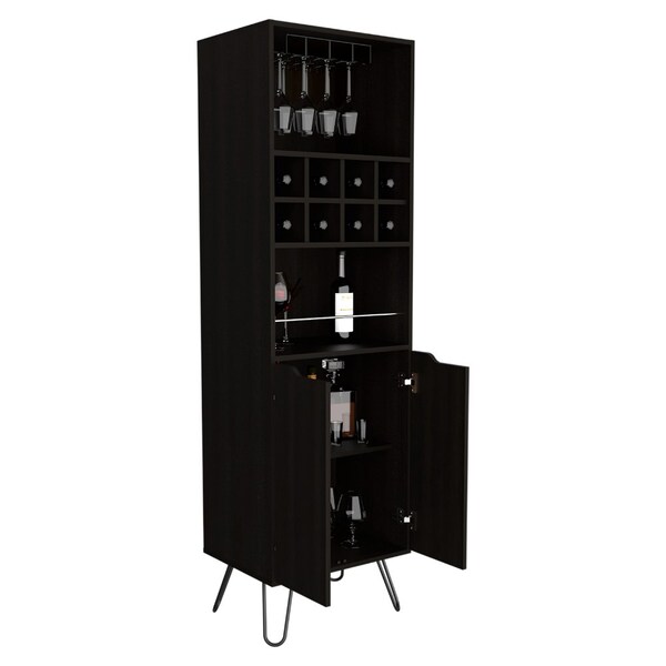 Tuhome Manhattan L Bar Cabinet, Eight Built-in Wine Rack, Two Cabinets With Single Door, Black - BLW6474