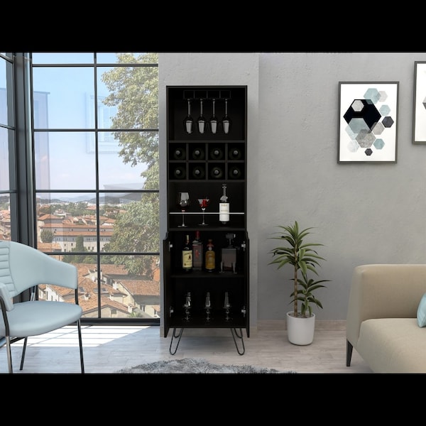 Tuhome Manhattan L Bar Cabinet, Eight Built-in Wine Rack, Two Cabinets With Single Door, Black - BLW6474