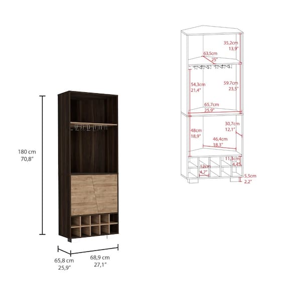 Tuhome Fraktal Corner Bar Cabinet, Ten Built-in Wine Rack, Two Shelves, Double Door, Dark Oak/Pine - BHM7771