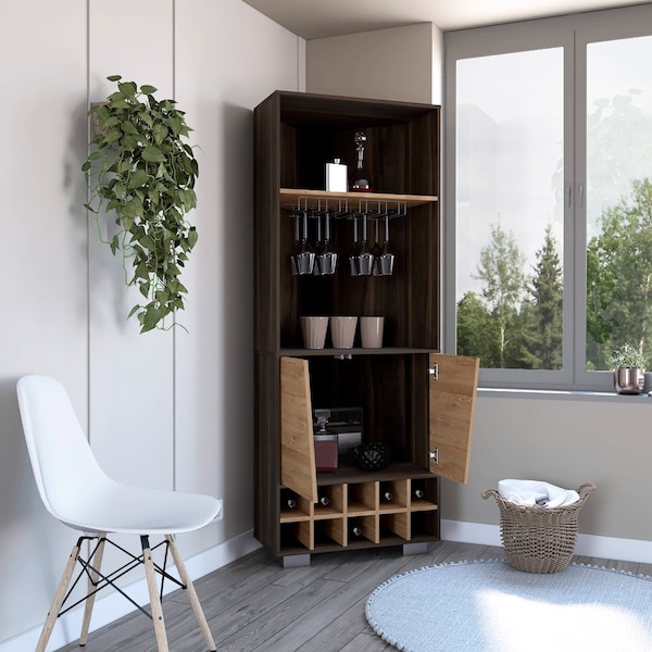 Tuhome Fraktal Corner Bar Cabinet, Ten Built-in Wine Rack, Two Shelves, Double Door, Dark Oak/Pine - BHM7771