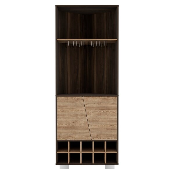Tuhome Fraktal Corner Bar Cabinet, Ten Built-in Wine Rack, Two Shelves, Double Door, Dark Oak/Pine - BHM7771