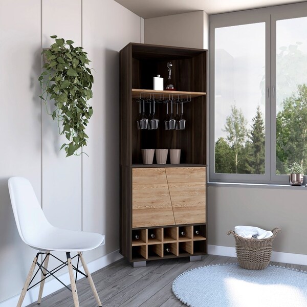 Tuhome Fraktal Corner Bar Cabinet, Ten Built-in Wine Rack, Two Shelves, Double Door, Dark Oak/Pine - BHM7771