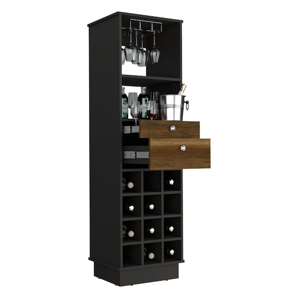 Tuhome Classic Bar Cabinet, Two Drawers, Twelve Built-in Wine Rack-Black/Walnut - BWC7893