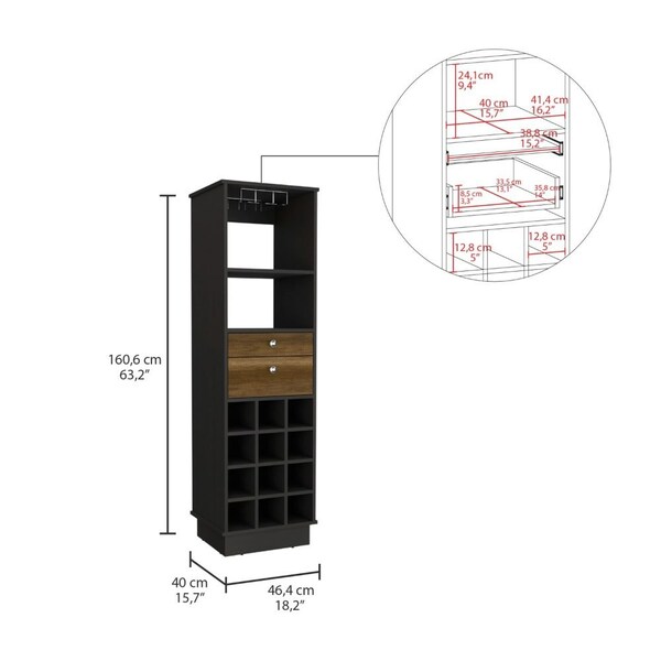 Tuhome Classic Bar Cabinet, Two Drawers, Twelve Built-in Wine Rack-Black/Walnut - BWC7893